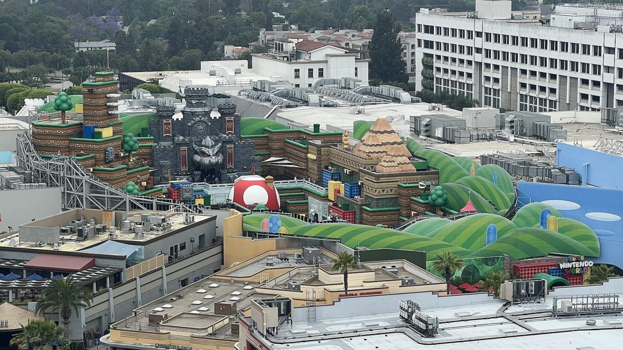 Colorful Mario-themed buildings and pipes at Super Nintendo World, Universal Studios Hollywood