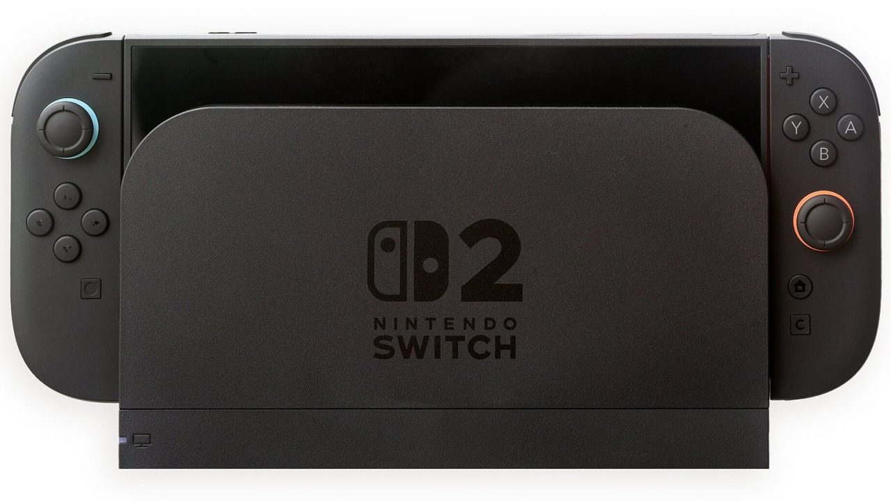 Nintendo Switch 2 console sitting in its dock with Joy-Con 2 controllers