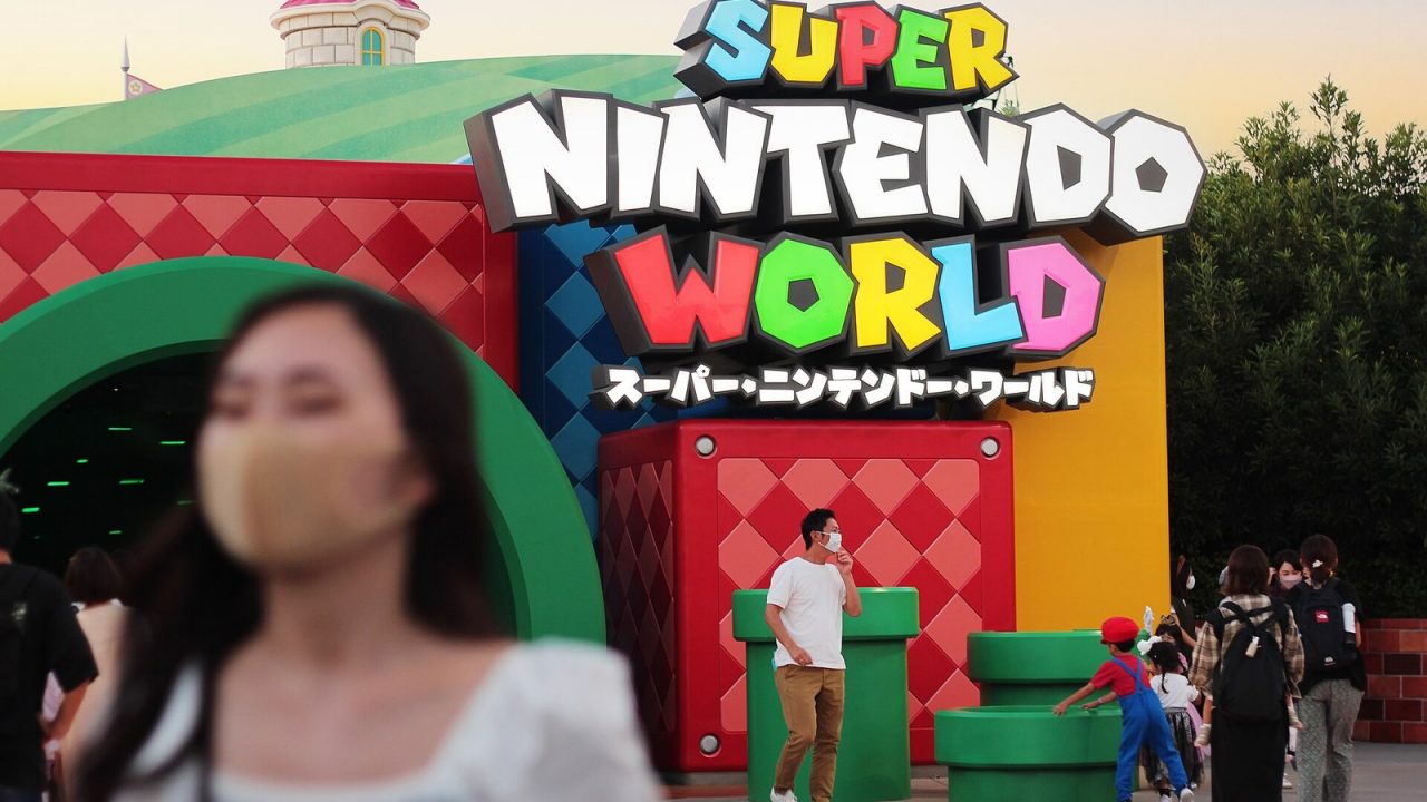 Green warp pipes at the entrance to Super Nintendo World in Universal Studios Japan