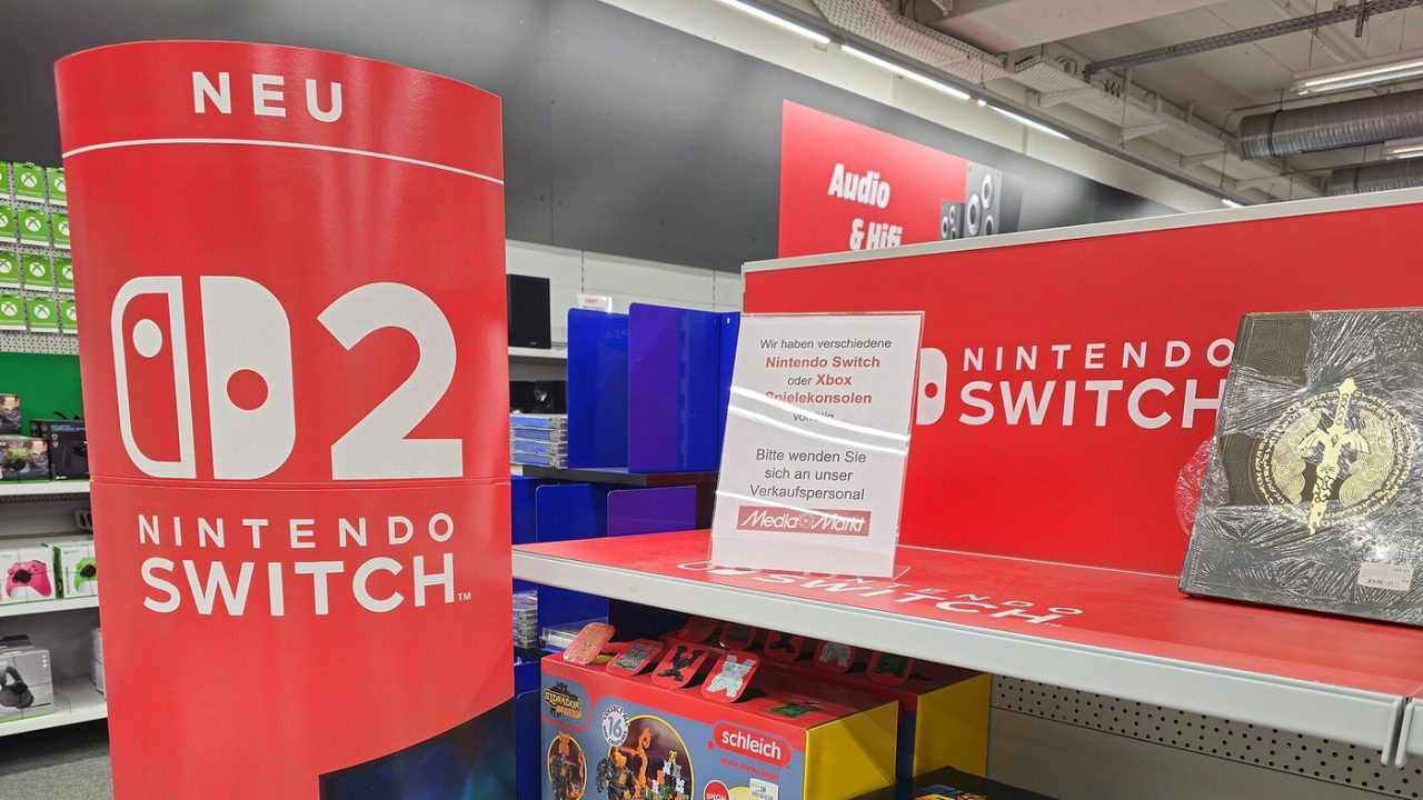 Nintendo Switch 2 display stand and signage in an electronics store